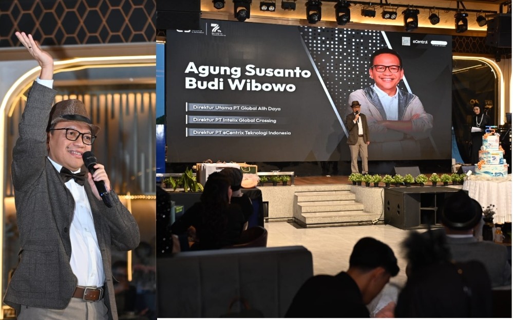 Sebagai bagian dari perayaan 25 tahun Intelix perusahaan menggelar Gala Dinner. Dalam foto, Direktur IGCG Agung Susanto tengah memberikan sambutan di acara Gala Dinner perusahaan.